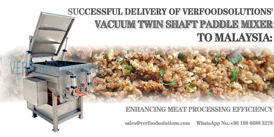 VERFOODSOLUTIONS' latest innovation, the vacuum twin shaft paddle mixer, has been successfully delivered to a valued customer in Malaysia. The customer ordered a 300L model capable of processing approximately 200-250 kg of products per batch. This versatile machine is used to process beef and pork, with the addition of various seasonings to create a wide range of flavorful meat fillings, ultimately producing different types of meatballs. Thanks to this advanced equipment, our customer has significantly improved work efficiency—completing what previously took two people in half a day in just one hour. As an essential tool for filling processing, the vacuum twin shaft paddle mixer has quickly become the first choice for many investors in the food industry. Follow us to learn more about the innovative design and numerous advantages of this machine, showcased through the successful application with our Malaysian client. 1. Control Panel The control panel of the vacuum twin shaft paddle mixer is thoughtfully designed and neatly organized. Each button’s function is clearly labeled for easy operation. Additionally, the interface can be customized into different languages to suit customer preferences, ensuring user-friendly operation. Let’s now explore the functions of the various buttons: -Pneumatic Lid Lifting Device The vacuum twin shaft paddle mixer is equipped with an air pump, then it can pneumatic control opening and closing system. The cover control handle design is ergonomic: turning the handle to the left opens the cover, while turning it to the right closes it, ensuring ease of operation and safety. -Time Setting Function The mixer features a built-in timing function, allowing you to set the operating duration precisely. This enables the machine to run continuously without the need for constant manual oversight. The timing is controlled via a time relay, which has five buttons on the top (labeled "-") and five buttons on the bottom (labeled "+"). The relay's display consists of five digit windows: the first two and last two display numbers from 0 to 9, which can be adjusted using the plus and minus buttons to set different values. The middle window can display "S", "M", or "H" in red, indicating seconds, minutes, or hours, respectively. These can also be adjusted with the plus and minus buttons. For example, the current setting shown in the figure below is 6 minutes. -Vacuum Extraction Device How to operate the vacuum function on the vacuum twin shaft paddle mixer: First, close all upper covers and silo doors. Set the operating time to 31 seconds and ensure the equipment is in automatic mode, with the choice of forward or reverse rotation. Next, turn on the vacuum switch to initiate the vacuuming process. During this phase, neither the agitator nor the inverter will operate until the specified air pressure is reached. The lower pipeline pressure is set to 0.07; once this pressure is achieved, the vacuuming stops. The machine then begins stirring and starts the timing for 31 seconds. Throughout this period, the inverter will remain steady, indicating the operating mode. When the set time completes, a "squeaking" sound will be heard—this indicates automatic exhaust. After the exhaust process is finished, the lid can be opened, and the exhaust pressure will begin to drop. Once the pressure gauge reads zero, the exhaust stops, and the lid can be safely opened. Note: If the stop button is pressed during vacuuming, the lid cannot be opened immediately. You must hold the stop button until the pressure gauge shows zero pressure, after which the lid can be opened safely. -Manual Operation Device The vacuum twin shaft paddle mixer can also be operated manually. First, open the lid; during this time, the machine is not in vacuum mode. Both discharge ports remain closed. Next, turn the control knob to the "Manual" position to engage manual operation. Press the transfer button to start the stirring process. You can also reverse the direction of stirring as needed. When operating manually, the time relay is disabled, and the machine will continue stirring until you manually stop it. Once the desired mixing state is reached, simply press the stop button to halt operation. -Variable Frequency Speed Regulation The mixer features variable frequency speed control, allowing precise adjustment of the stirrer’s speed. Turn the knob to the left to slow down the stirring speed, and turn it to the right to increase it, providing flexible control to suit different processing needs. 2. Customizable Cover Options To ensure a proper vacuum seal, the standard lid of the vacuum twin shaft paddle mixer is typically made entirely of stainless steel. However, some customers prefer a different design, such as a grid or mesh lid. While this modification eliminates the vacuum function, it allows for easy observation through the gaps and enables feeding at any time. Although the vacuum pump is removed in this design, the pneumatic cover lifting device remains in use, ensuring convenient and safe cover operation. Cover Opening Stop The Solenoid Valve The vacuum twin shaft paddle mixer can be customized to meet specific customer requirements. Many clients opt for a cover-opening stop device to enhance safety. We install a solenoid valve on the cover, which automatically disconnects and stops the machine when the cover is opened. This feature significantly improves operational safety. 4. Multiple Models Available The vacuum twin shaft paddle mixer is available in various models, allowing seamless integration and adaptation to different processing lines. As the capacity increases, so does the output, with larger machines corresponding to higher volumes. To facilitate ease of operation and maintenance, we have designed user-friendly features for large-capacity models, including 550L, 750L, 1000L, 1200L, and 1500L-- a pedal device is installed at the bottom of big capacity model to assist workers in monitoring operations and simplifying the cleaning process of the mixing tank. 5. Cleaning and Maintenance The vacuum twin shaft paddle mixer requires regular cleaning and maintenance after each use. The process is straightforward: connect a high-pressure water gun and rinse the interior of the machine directly. For stubborn residues such as butter or other difficult-to-clean products in the mixing tank, you can use a shovel to remove them. Additionally, wiping and cleaning with a rag is quick and effective, ensuring the machine remains hygienic and in optimal condition. 6. Integrated Production Line As a versatile meat processing machine, the vacuum twin shaft paddle mixer ensures thorough and even mixing of various fillings. It can effectively blend meat fillings and seasonings to produce a wide range of flavors. This machine is not only suitable for standalone operation but can also be integrated with a meat grinder and elevator to form a complete, efficient meat production line. 7. Testing and Delivery Before delivery, we thoroughly debug and test the machine. We then send test videos and pictures to the customer for inspection. Once the customer approves, we proceed with packing. The process includes cleaning and wiping the machine, wrapping it with protective film to secure accessories, and finally securing it within a wooden crate to prevent movement during transportation. In summary, our vacuum twin shaft paddle mixer is a versatile, customizable, and reliable solution for various processing needs. With features such as ergonomic control panels, hydraulic lid lifting, precise time and speed controls, and optional safety and cleaning enhancements, it offers both efficiency and safety. Available in multiple models, it can be integrated into complete production lines for large-scale operations. We ensure rigorous testing and careful packaging to deliver a high-quality product that meets your specifications. We are committed to providing equipment that not only performs excellently but also ensures ease of operation, maintenance, and safety for our customers. If you want to start the new projects for meat process, please feel free to contact us. We look forward to assisting you and providing the best solutions for your needs.