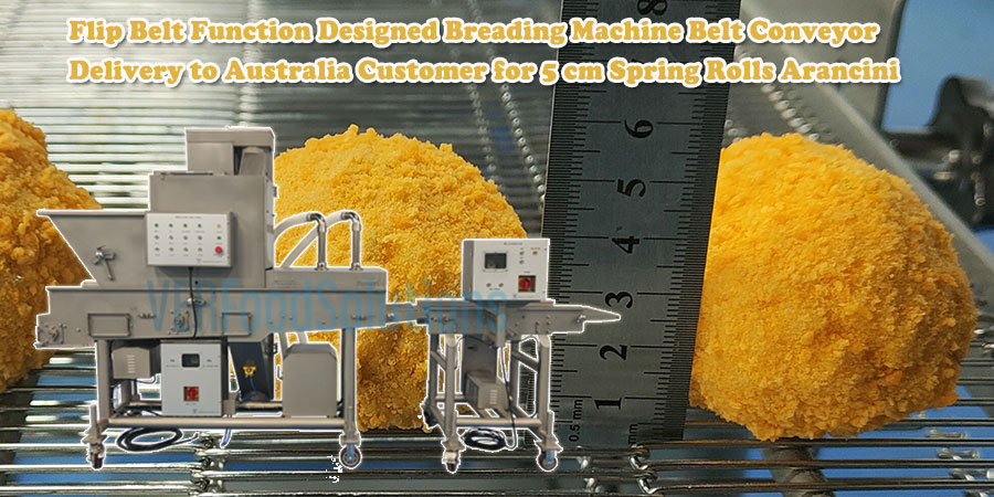 Flip Belt Function Designed Breading Machine Belt Conveyor Delivery to Australia Customer for 5 cm Spring Rolls Arancini