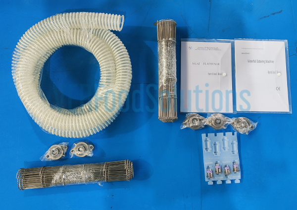 Meat flattening machine, waterfall battering machine, and breading machine