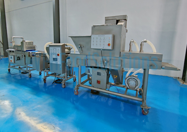Meat flattening machine, waterfall battering machine, and breading machine