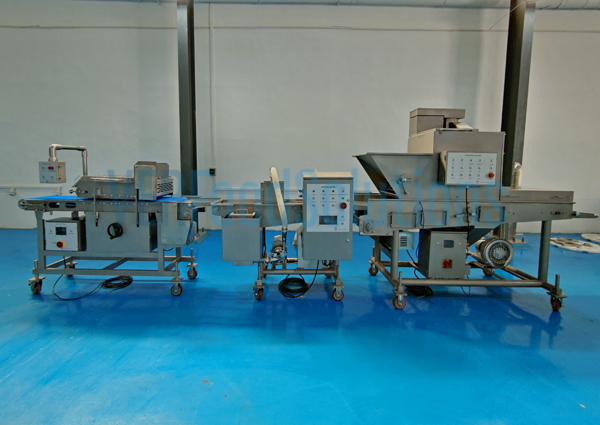 Meat flattening machine, waterfall battering machine, and breading machine